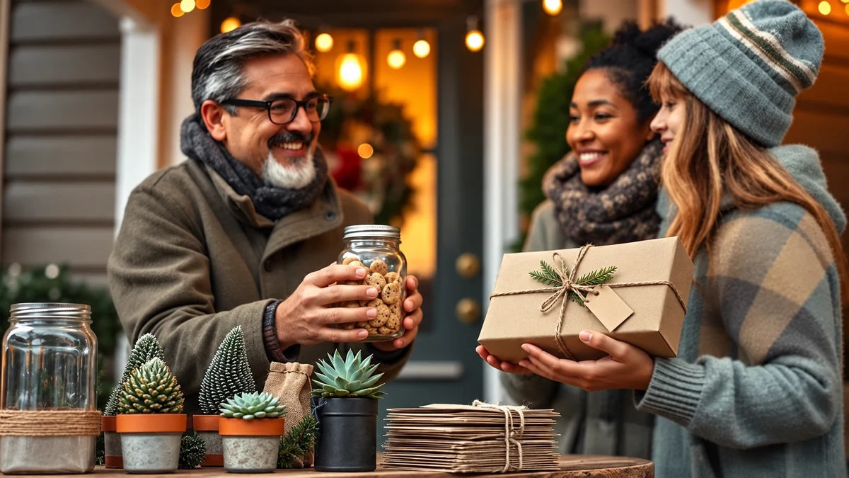 Neighbours exchanging a gift jar and wrapped parcel