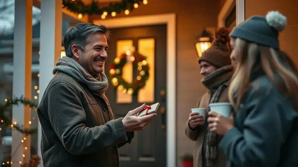 Neighbours exchanging a small wrapped Christmas gift