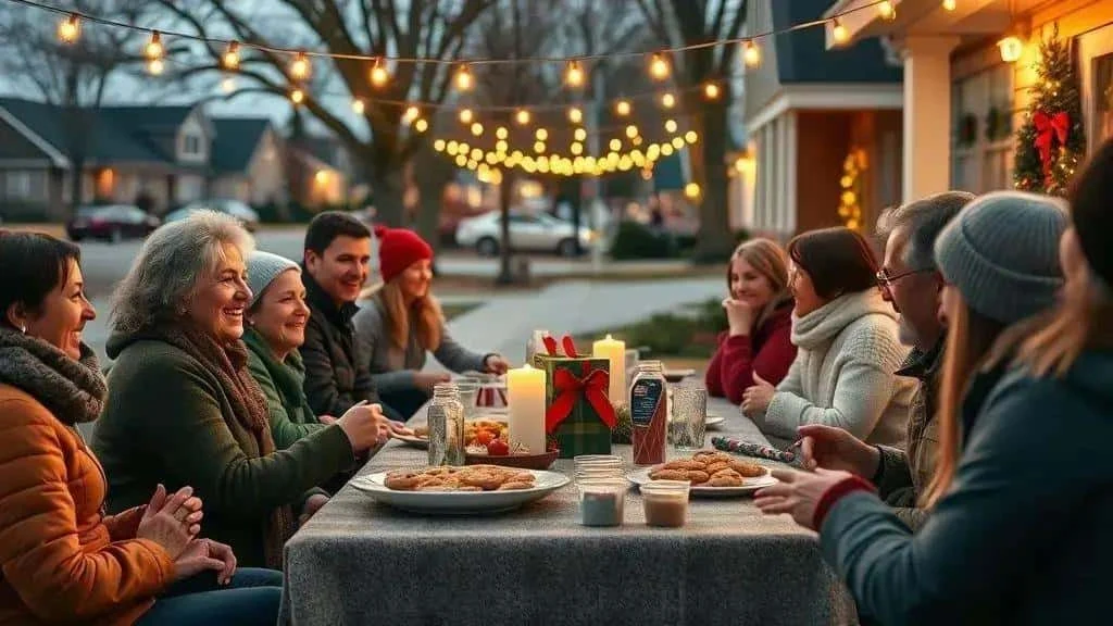 Neighbours sharing food at an outdoor festive table