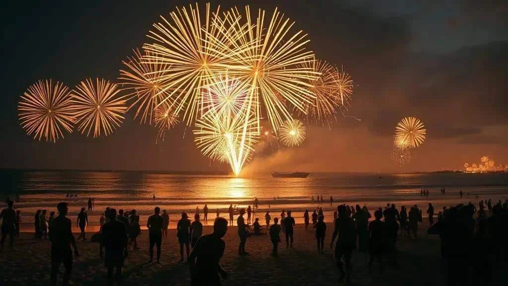 New Year fireworks above a waterfront crowd
