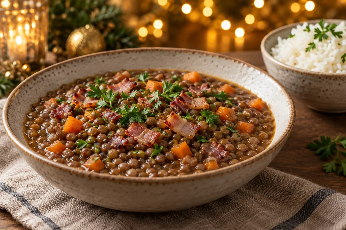 New Year lentil stew with bacon carrots and parsley