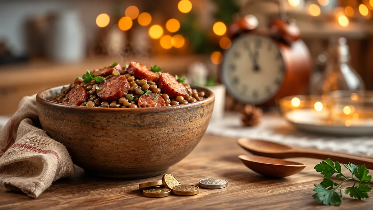 New Year lentils with sausage and decorative coins outside the bowl