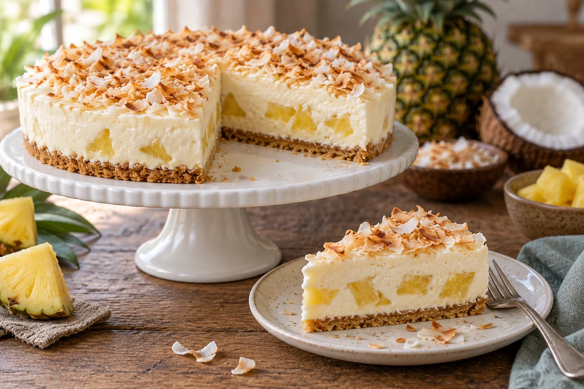 No-bake pineapple and coconut cream tart with a biscuit crust