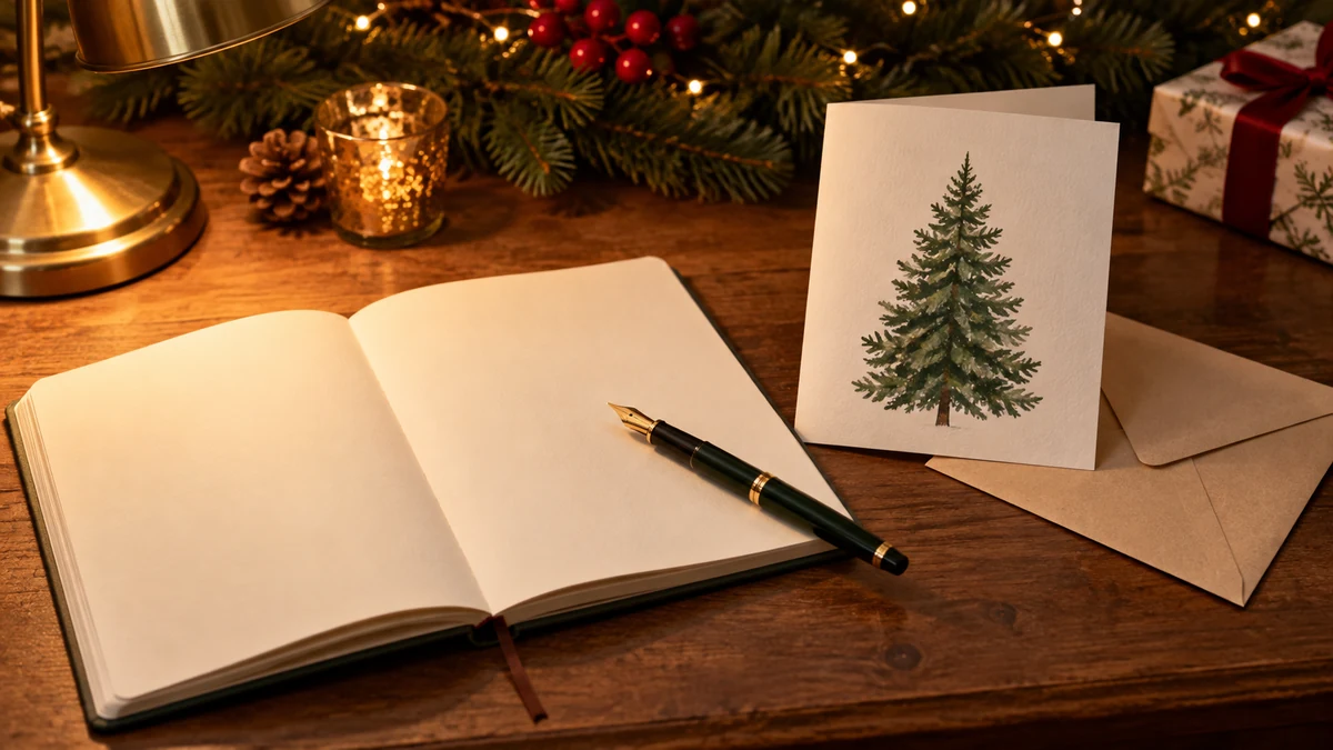 Notebook and Christmas card ready for a personal message