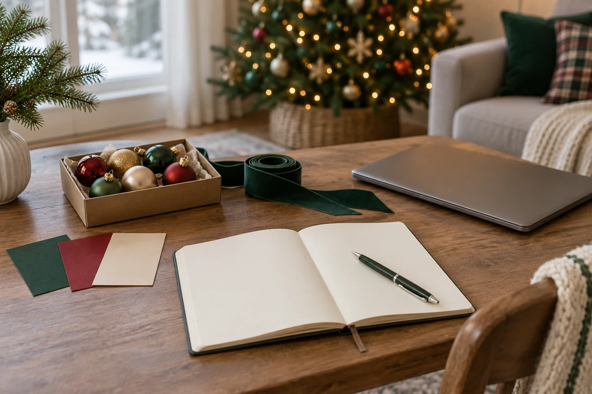 Notebook and Christmas decorations ready for a planning session Notebook and Christmas decorations ready for a planning session