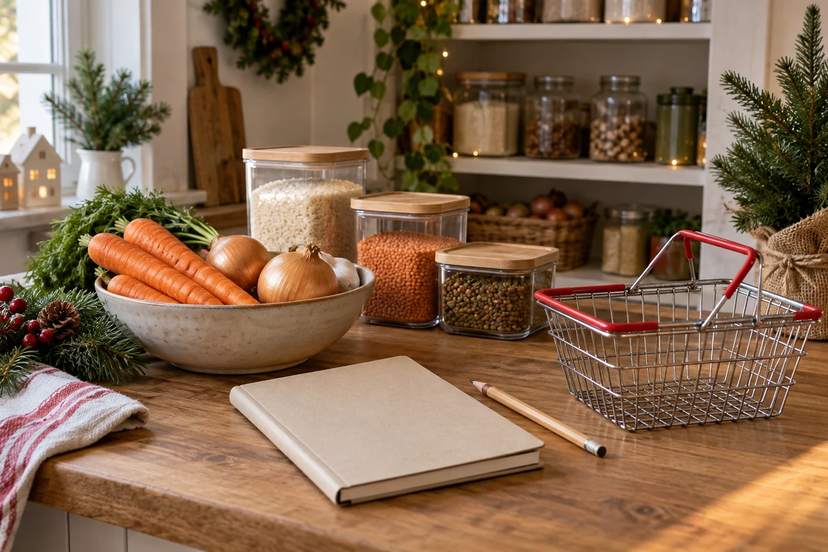 Notebook and food containers ready for Christmas kitchen planning Notebook and food containers ready for Christmas kitchen planning