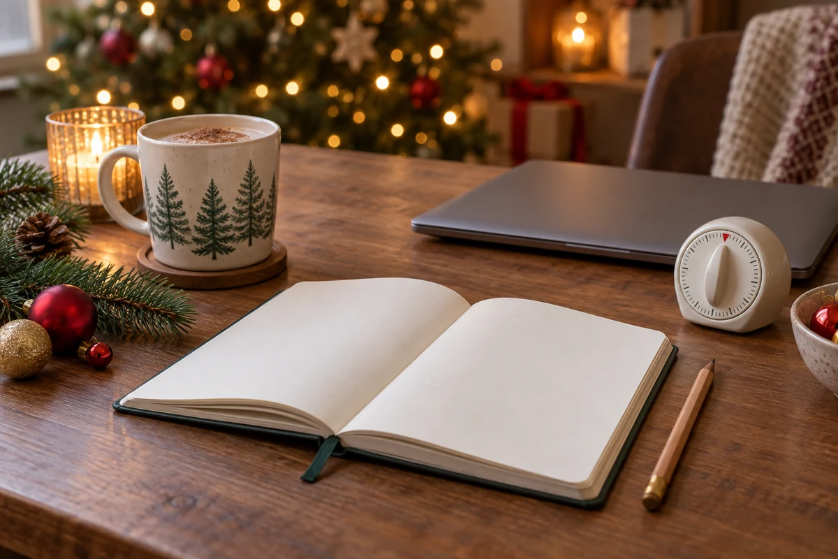 Notebook and timer on a Christmas planning desk
