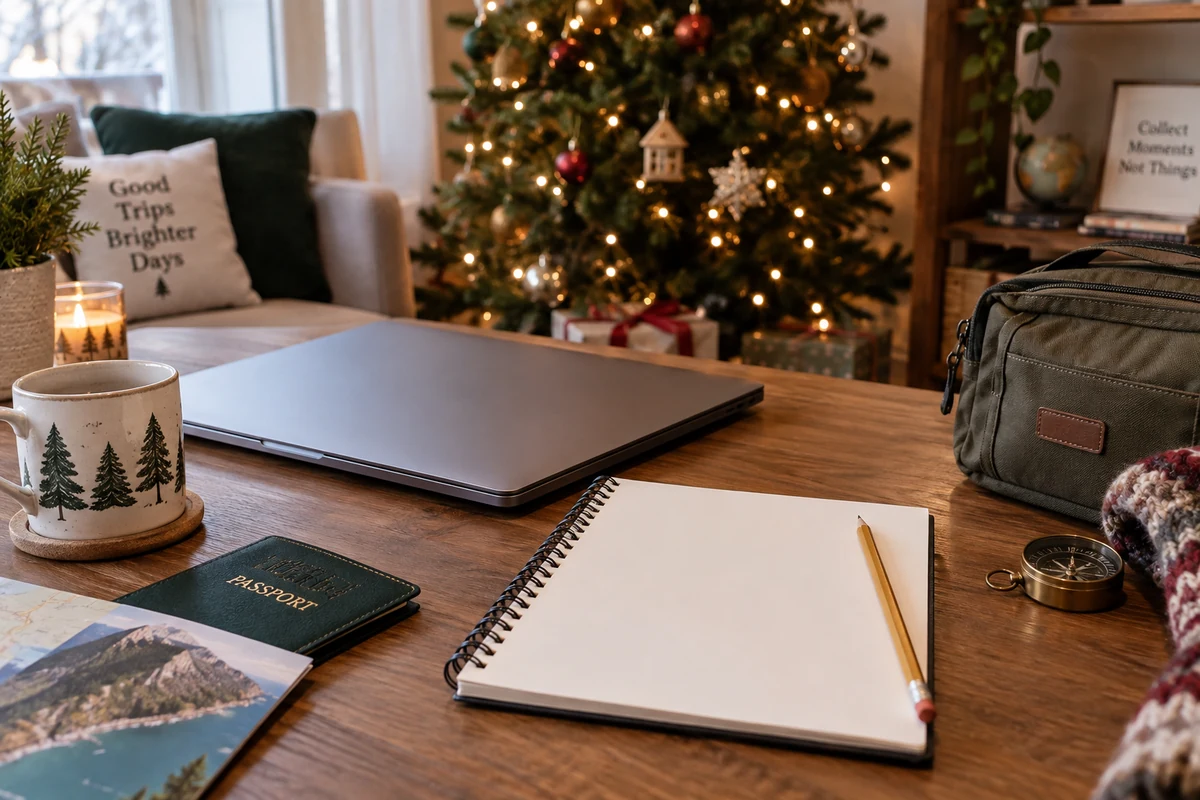 Notebook and travel bag ready for planning a festive break