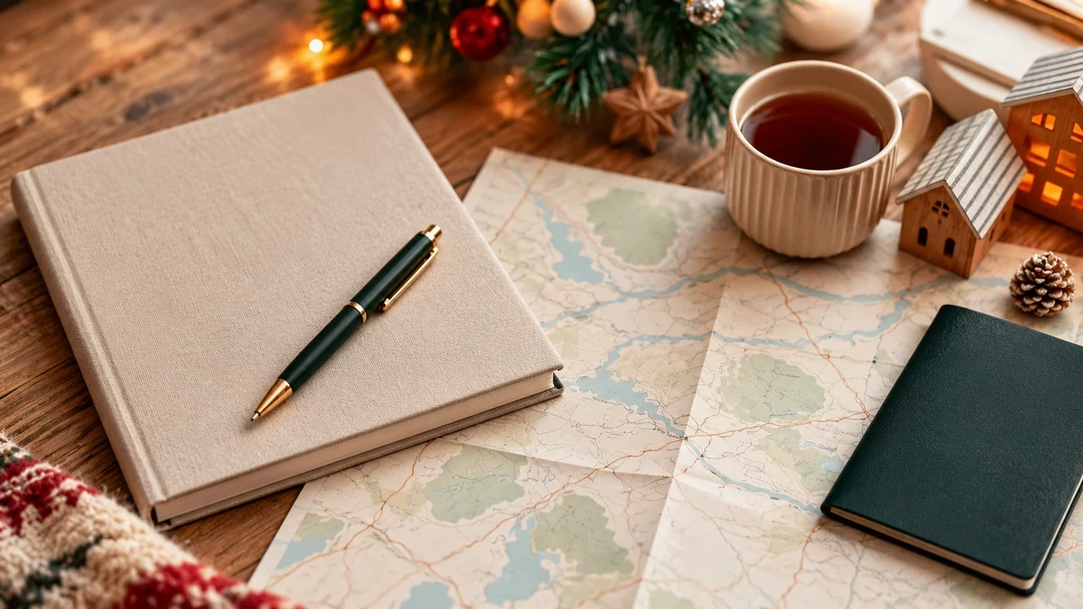 Notebook and travel items for planning a festive trip Notebook and travel items for planning a festive trip