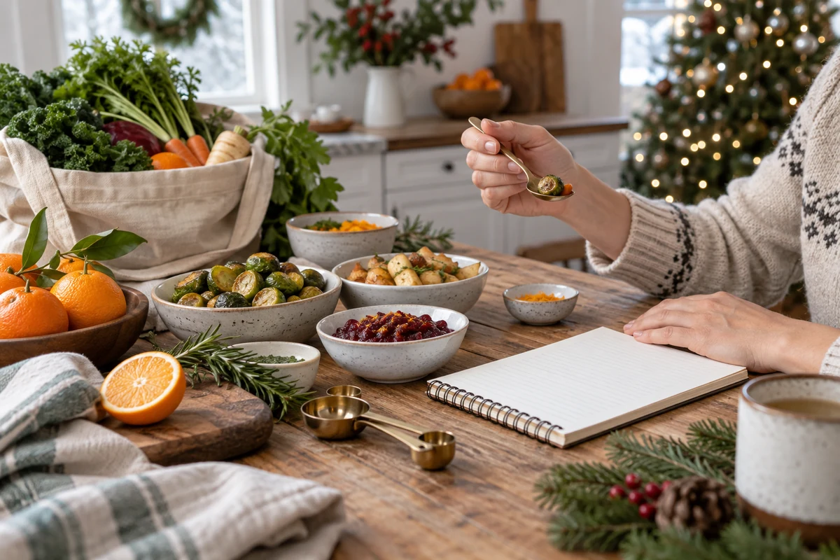 Notebook and vegetables for Christmas meal planning