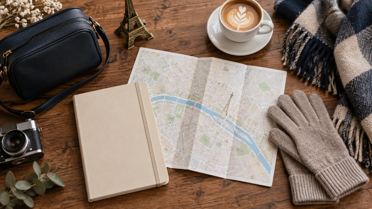 Notebook and warm accessories for planning a winter trip