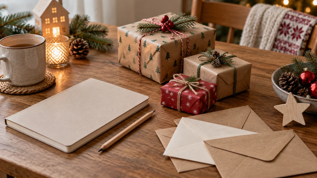 Notebook and wrapped presents for planning Secret Santa