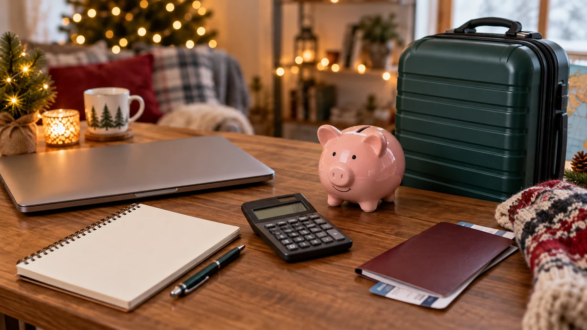 Notebook calculator and piggy bank for travel budgeting
