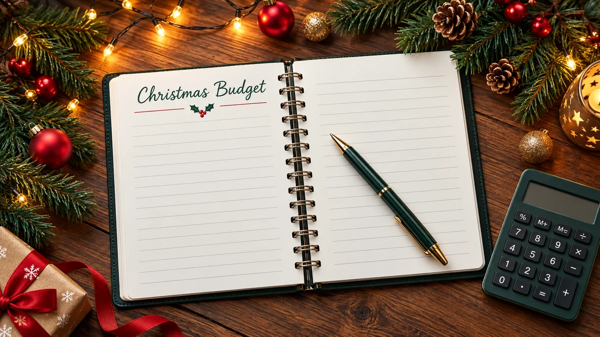Notebook headed Christmas Budget beside a pen and calculator Notebook headed Christmas Budget beside a pen and calculator