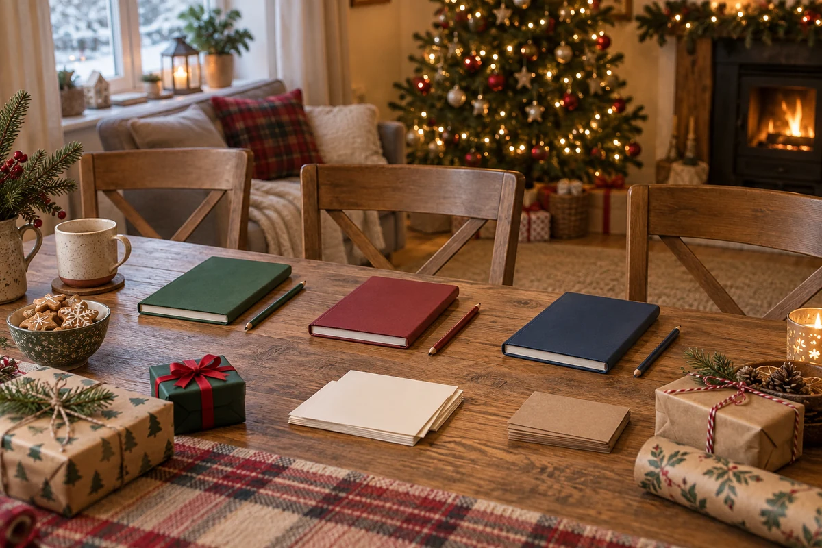 Notebooks and blank task cards arranged for shared Christmas planning
