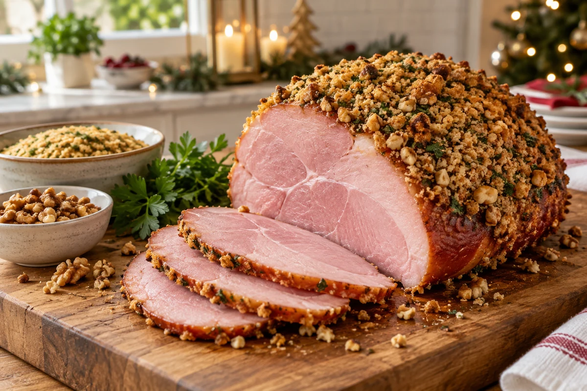 Nut and herb crusted ham on a carving board