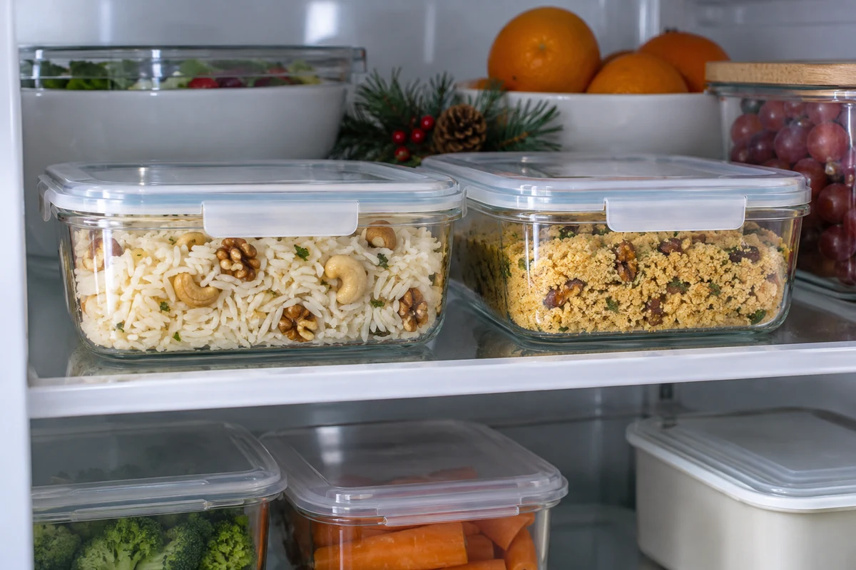 Nut rice in a covered shallow container in the fridge Nut rice in a covered shallow container in the fridge