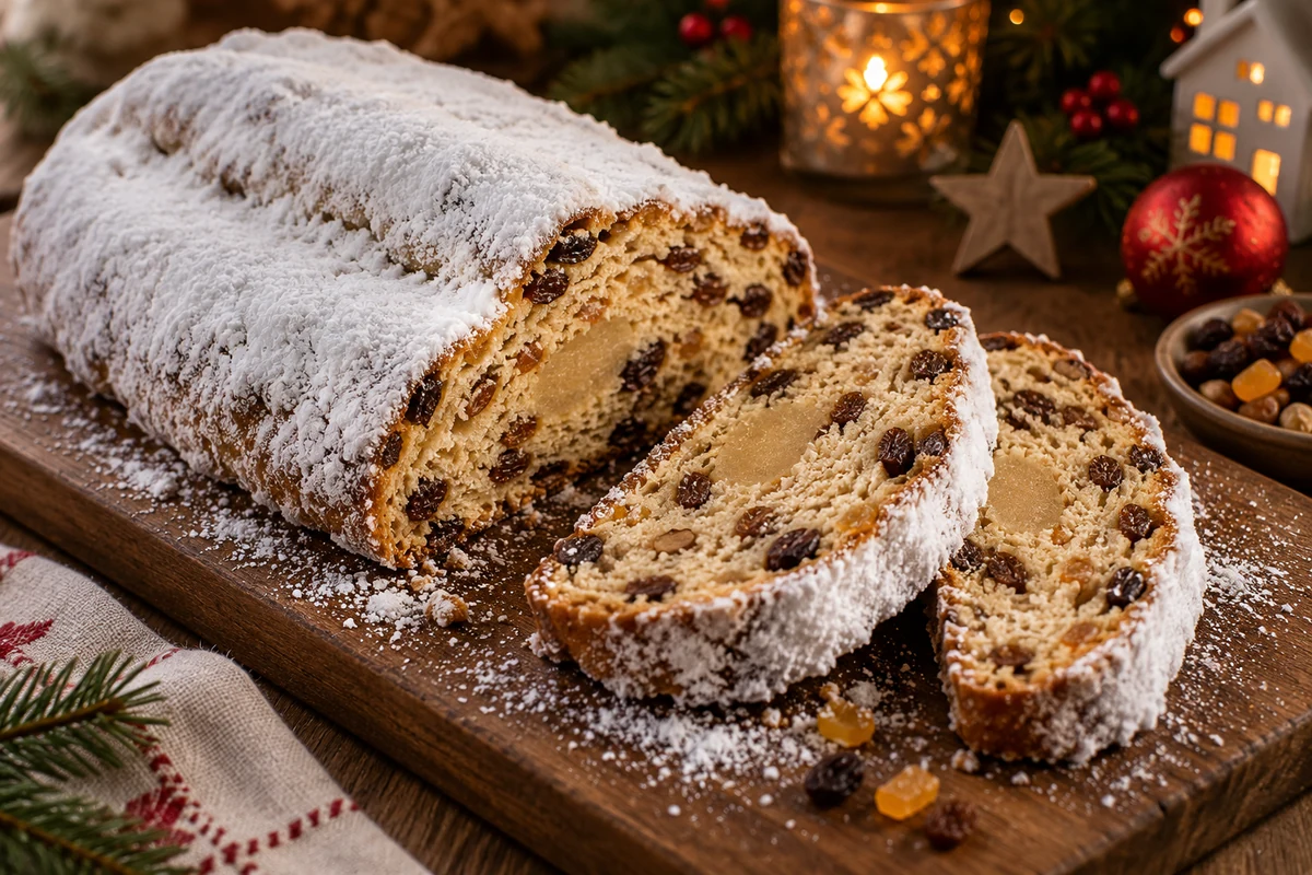 Oblong Christmas stollen with candied fruit and icing sugar