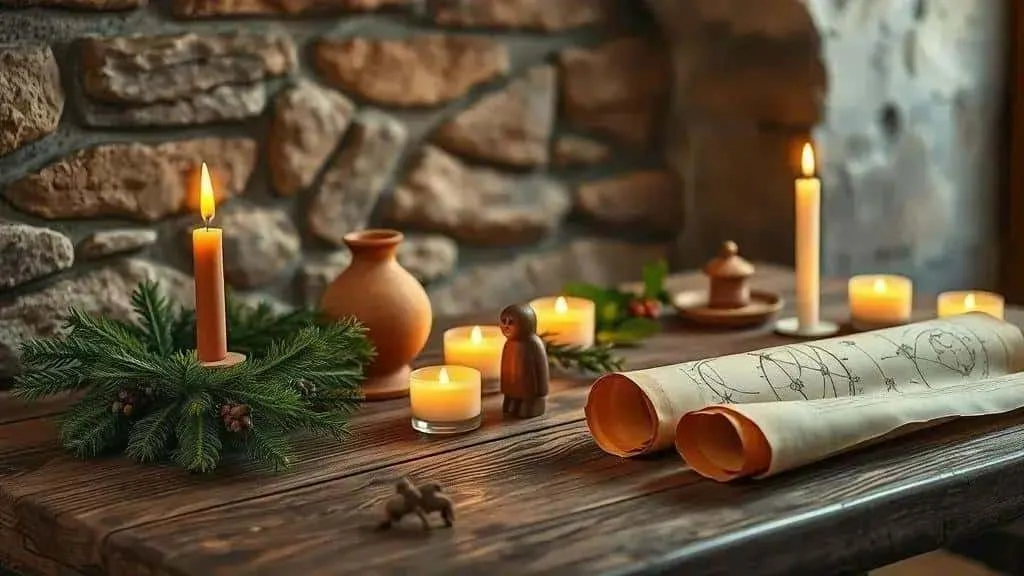 Old scroll and historic-style objects illustrating Christmas origins Old scroll and historic-style objects illustrating Christmas origins