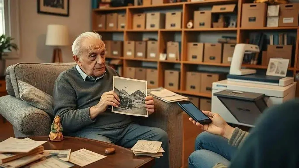 Older relative sharing Christmas memories with family