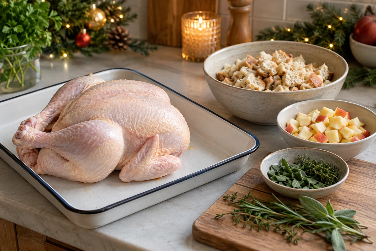 One ordinary whole raw supermarket chicken on a rimmed tray with separate bowls of bread, apple and herbs