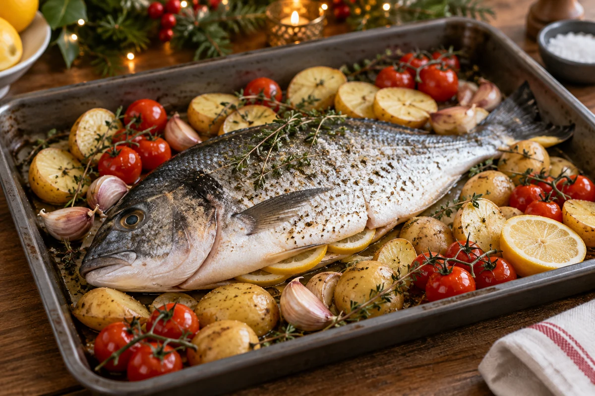 One realistic scaled sea bream on a rimmed tray with lemons, garlic, potatoes and cherry tomatoes