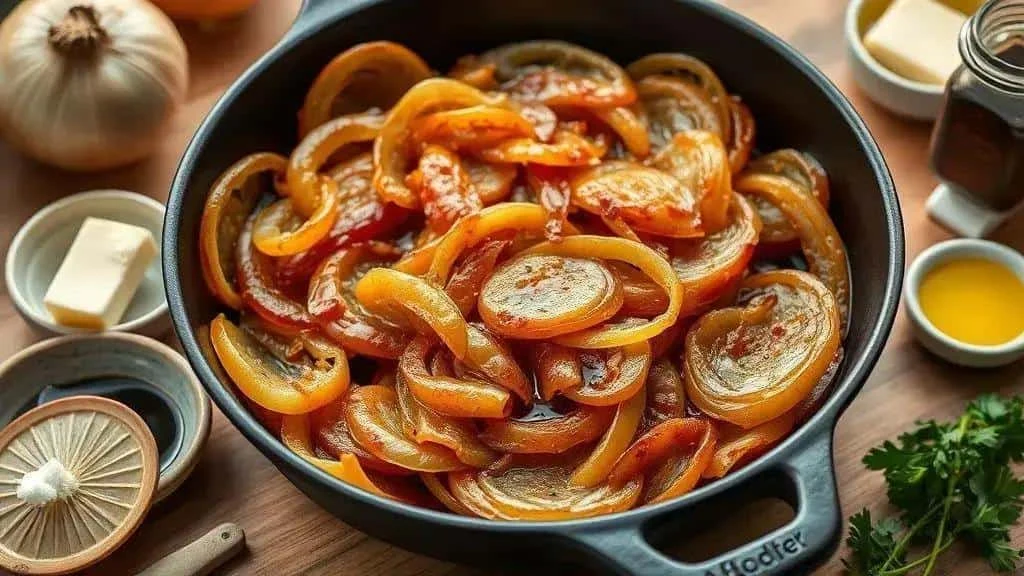 Onion rings caramelising in a frying pan