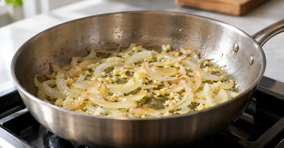 Onions and garlic gently cooking in a pan
