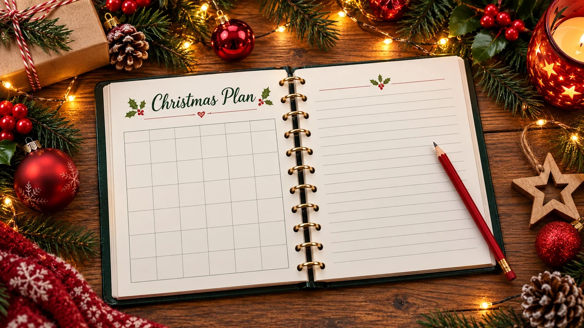 Open planner headed Christmas Plan with blank notes and grid