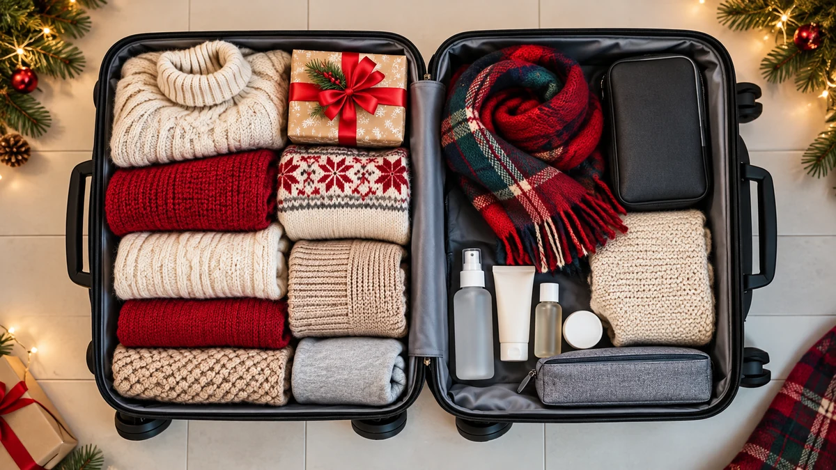 Open suitcase packed with winter layers and a small wrapped gift