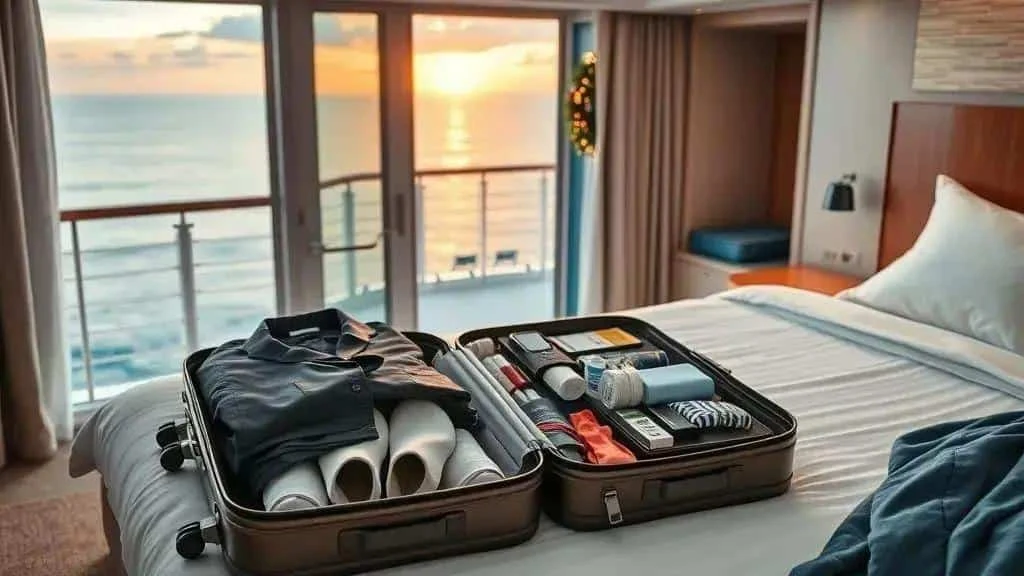 Open suitcase with clothes and toiletries in a sea-view cabin