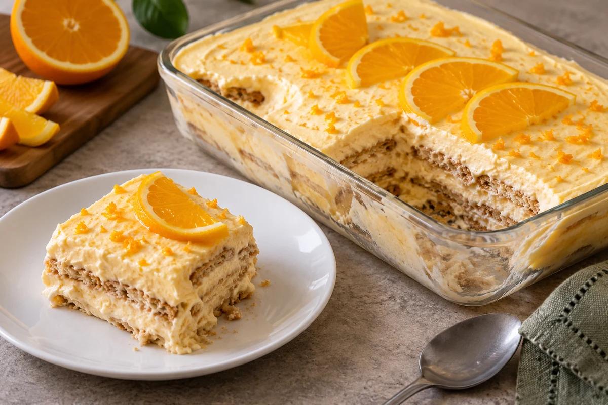 Orange and biscuit pave in a glass dish