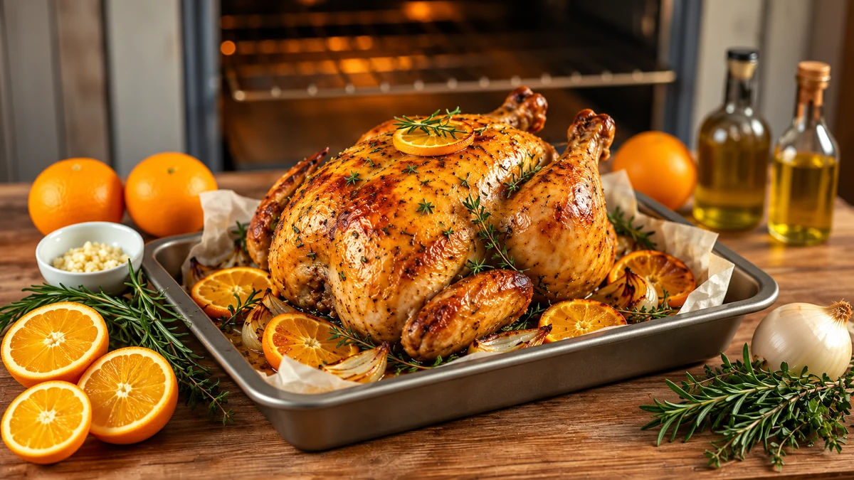 Orange and herb roast chicken in a tin with browned onion and orange slices