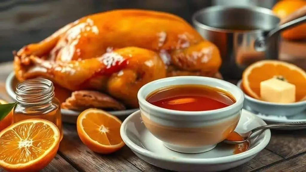 Orange glaze beside roast poultry, orange halves and honey Orange glaze beside roast poultry, orange halves and honey