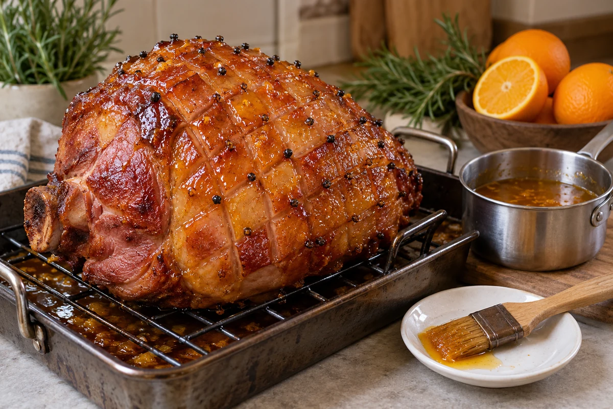 Orange-glazed ham in a roasting tray