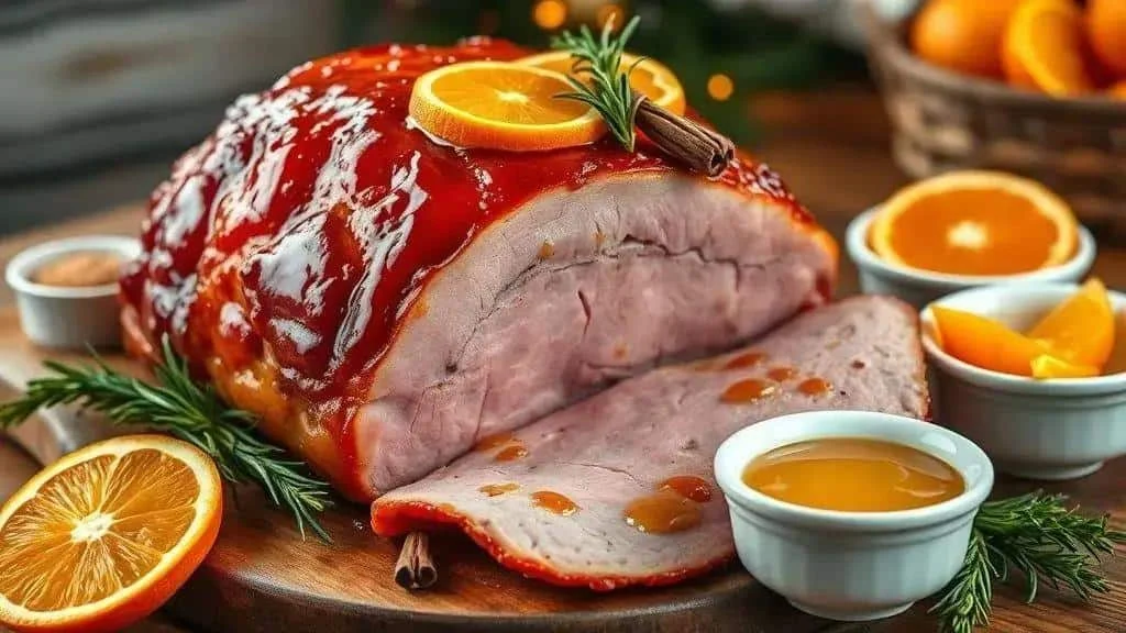 Orange-glazed ham with a slice ready to serve