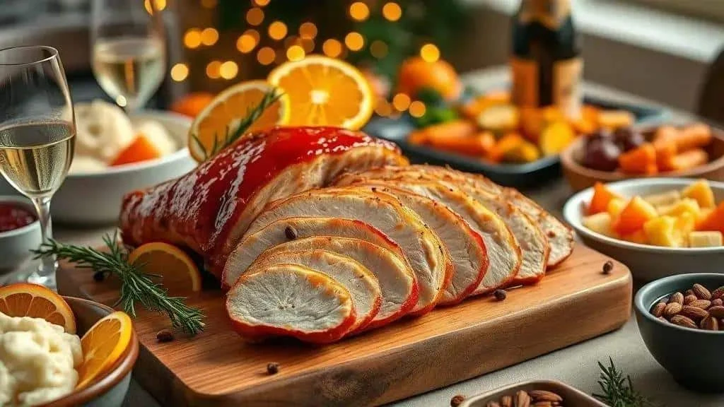 Orange glazed ham with citrus garnish and side dishes