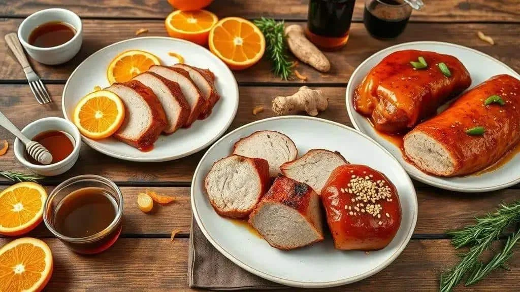 Orange sauce in a pan beside a roast pork loin