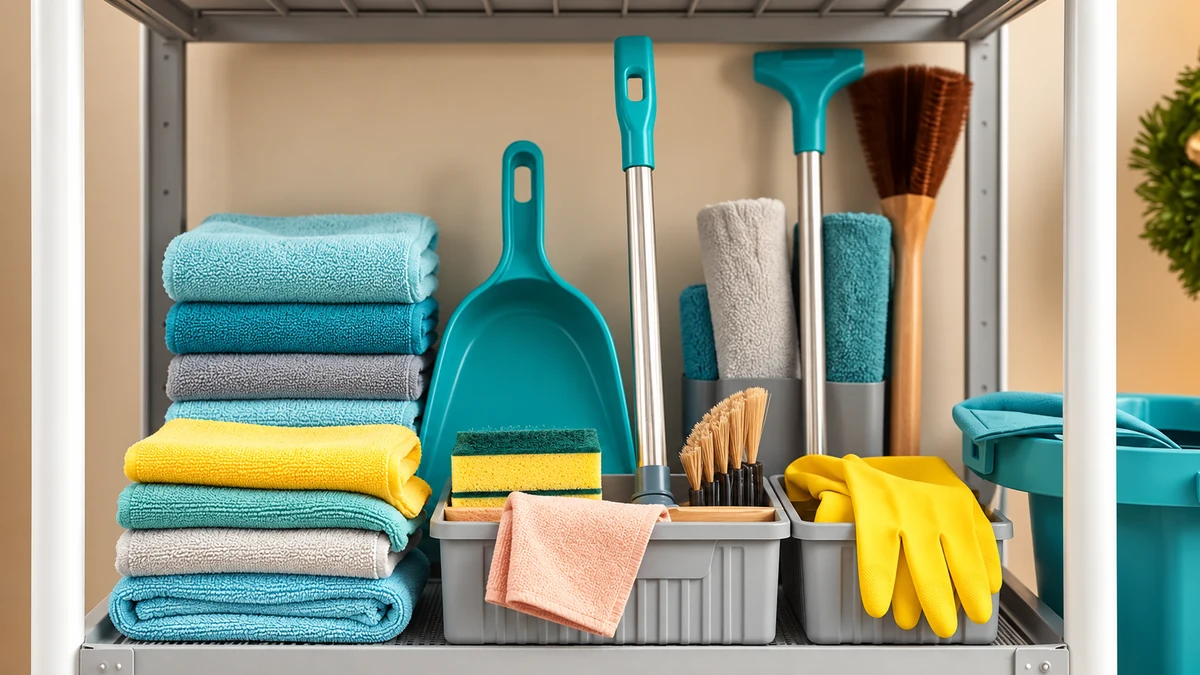 Organised cleaning cloths gloves and household tools