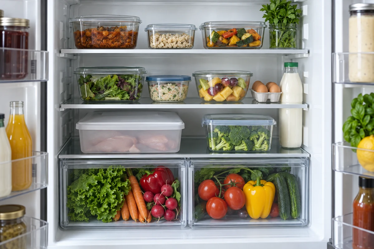 Organised fridge with covered containers and separate food storage Organised fridge with covered containers and separate food storage