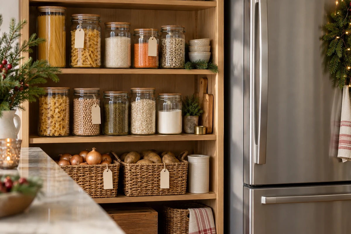 Organised pantry jars and baskets beside a refrigerator