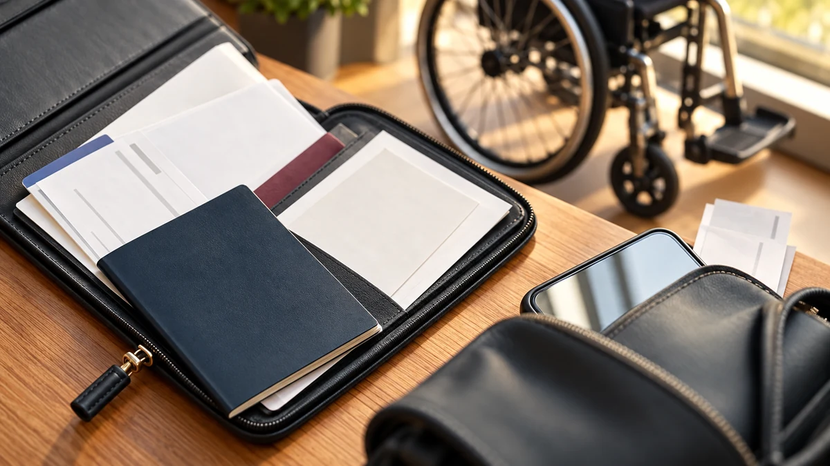 Organised travel paperwork in a plain folder