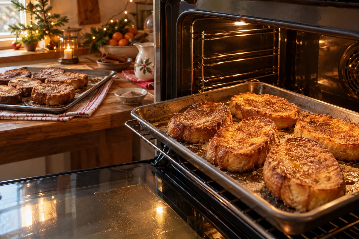 Oven tray of golden baked French toast slices