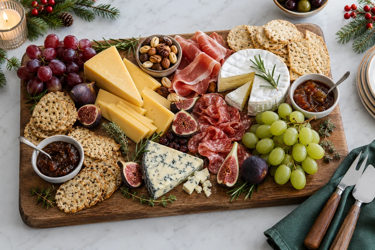 Overhead view of a festive cheese and charcuterie board