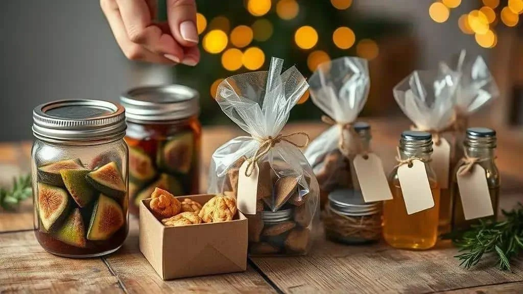 Packaged crackers, nuts and food gifts on a table Packaged crackers, nuts and food gifts on a table