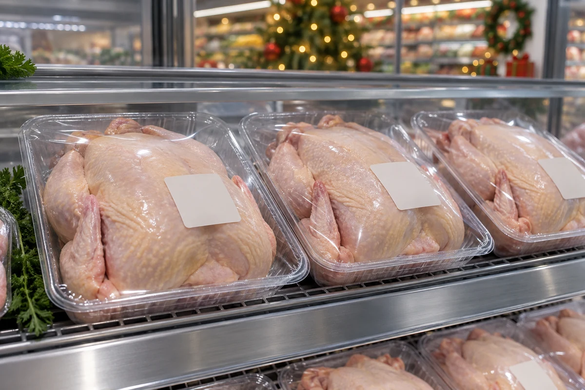 Packaged whole chickens in a chilled supermarket display