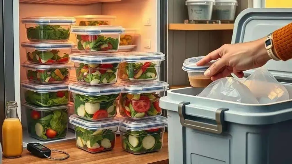 Packed salads and separate dressing beside an insulated cool box