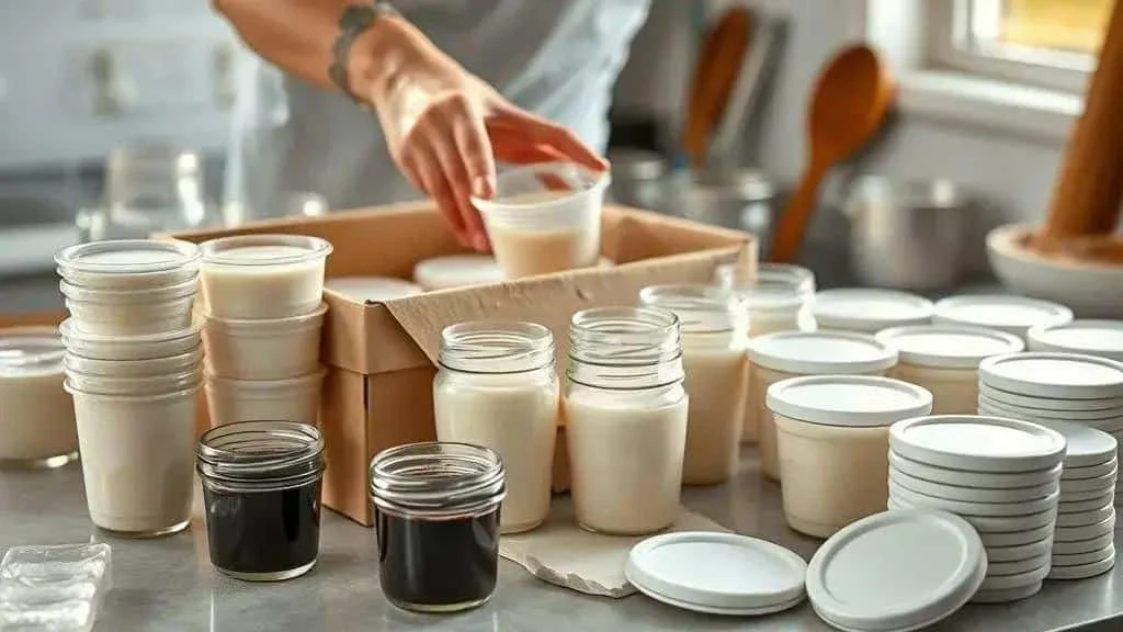 Packing individual coconut puddings into containers Packing individual coconut puddings into containers