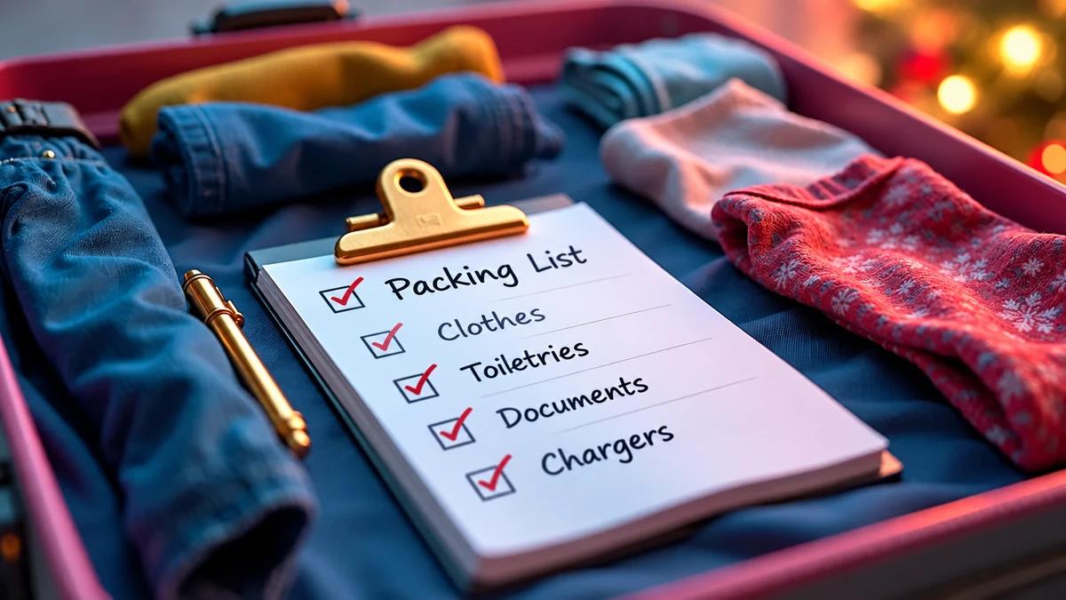 Packing list beside clothes in a suitcase