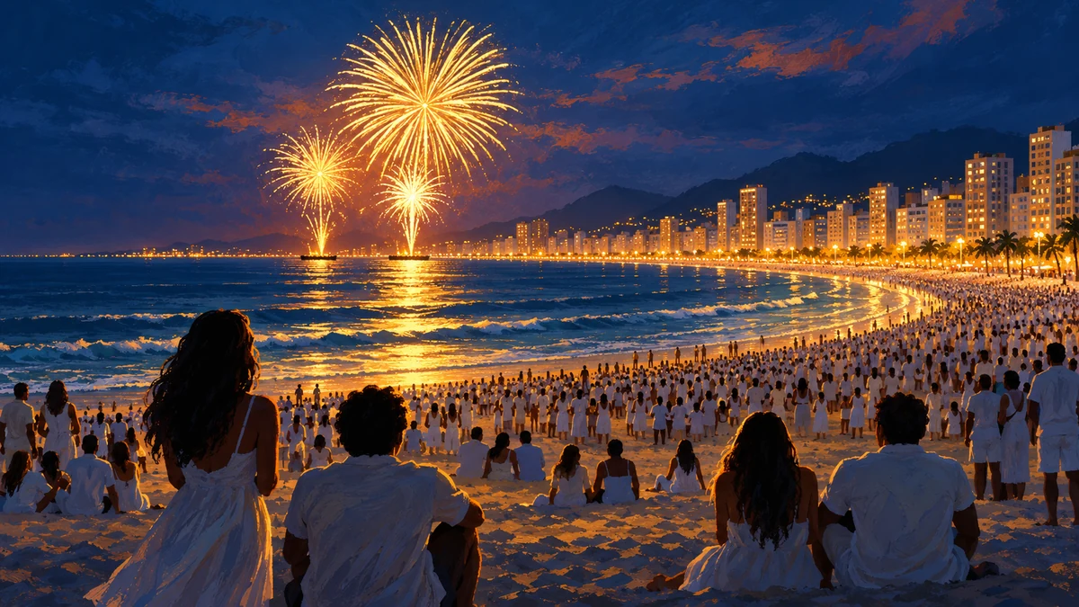 Painted illustration of a Brazilian beach New Year celebration